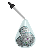 An illustration of eyedrops that use synthetic nanoparticles to help the eye regenerate cells.