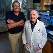 John Potocsnak and Samuel Stupp posing in a research laboratory
